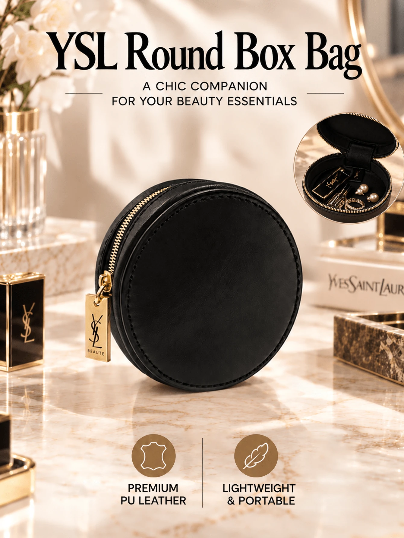 YSL Saint Laurent Black Cushion Makeup Bag, 9*3cm, Portable, Zipper Closure, Simple And Elegant, Travel Essential, Suitable For Cosmetic Storage