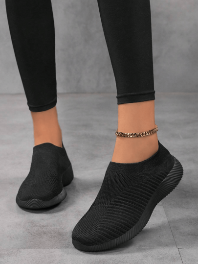 Women's Knitted Slip-On Casual Shoes, Soft & Elastic Black Thick Sole Lightweight Mesh Breathable Daily Walking & Sports Sneakers