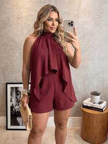 Macaquinho Vestido Plus Size Costas Aberta Gola Amarração Frente única - Preto - Visão 2