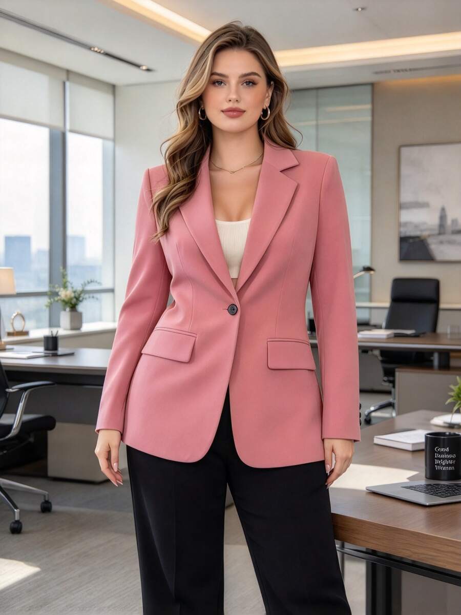 HOMEYEE Plus Size Blazer Jacket With Lapel Collar, Long Sleeve, Back Slit, Vintage Casual Elegant Office Lady Business Wear Pink Spring - Pink - View 1