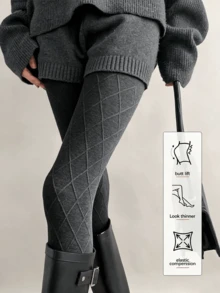 Women's Autumn/Winter Diamond Pattern Knitted Tights, Soft Breathable High Elasticity Knitted Stockings, Fitted Elastic Waist Geometric Pattern Hosiery, Comfortable Textured Tights, Suitable For Daily Commute, Casual Wear In Cold Weather - Multicolor - View 1