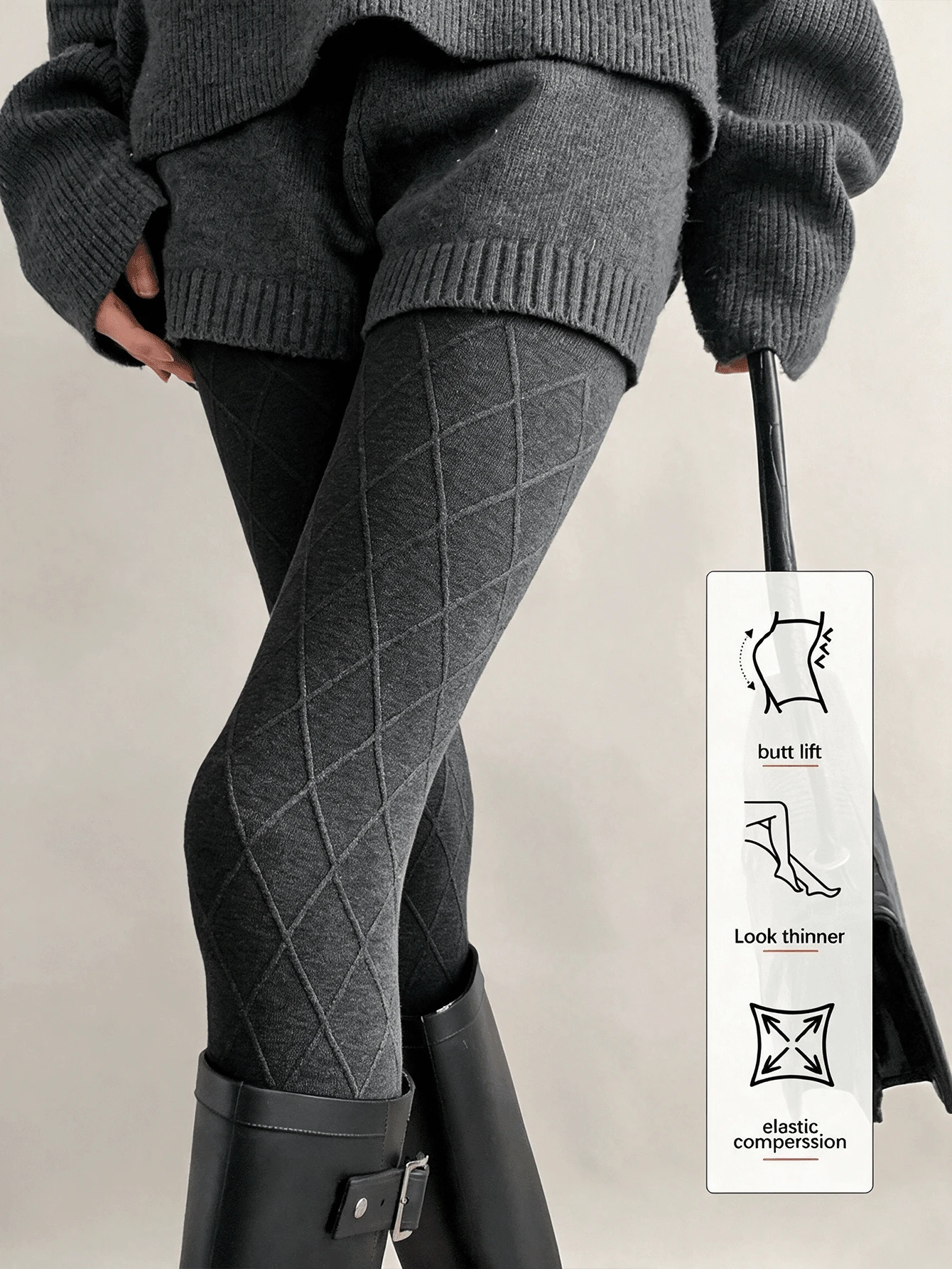 Women's Autumn/Winter Diamond Pattern Knitted Tights, Soft Breathable High Elasticity Knitted Stockings, Fitted Elastic Waist Geometric Pattern Hosiery, Comfortable Textured Tights, Suitable For Daily Commute, Casual Wear In Cold Weather - Multicolor - View 1