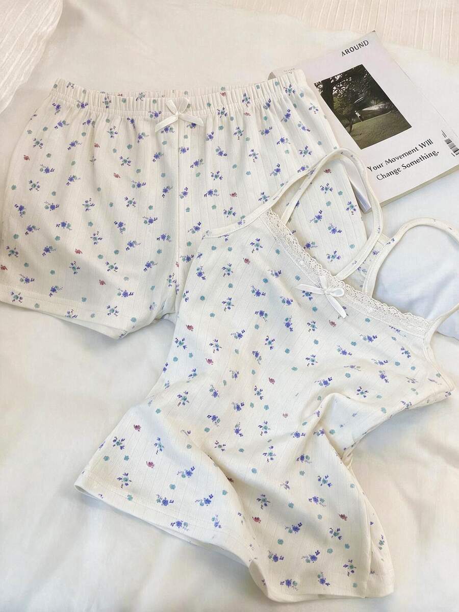 2 Pieces Set Woman Floral Ribbed Pajama Set, Lace Trim Cami Top With Bow And Elastic Waist Shorts, Women Night Wear Women Loungewear - White - View 1