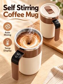 Car Cup Warmer & Cooler, Self-Stirring Coffee Mug With Fahrenheit Temperature Display, LED Digital Temperature Control, Rechargeable Stirring Cup With Lid, Automatic Self-Stirring, Suitable For Coffee, Milk And Other Beverages, Brown, Car Electronics - A - View 1