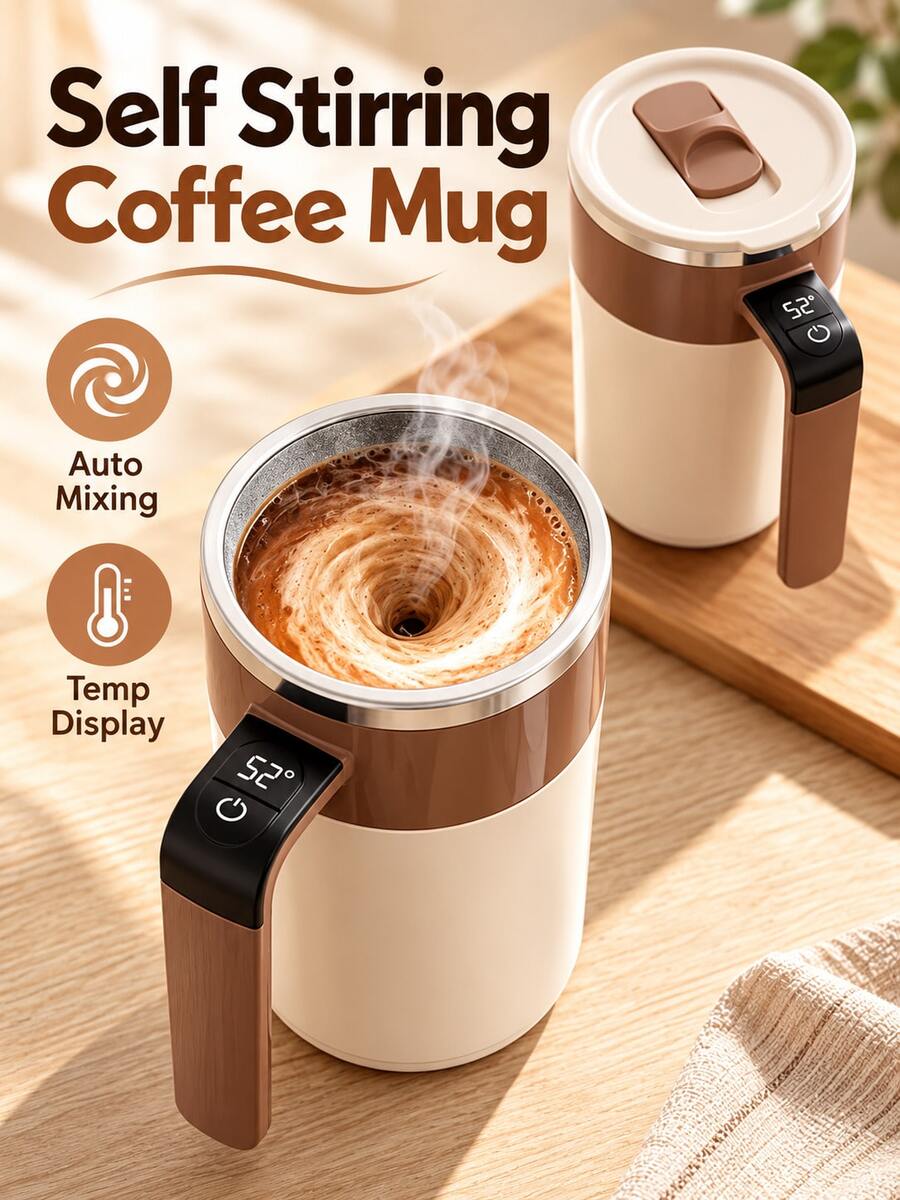 Car Cup Warmer & Cooler, Self-Stirring Coffee Mug With Fahrenheit Temperature Display, LED Digital Temperature Control, Rechargeable Stirring Cup With Lid, Automatic Self-Stirring, Suitable For Coffee, Milk And Other Beverages, Brown, Car Electronics - A - View 1