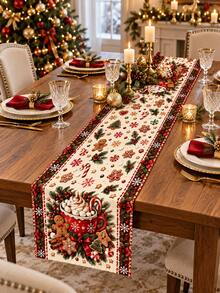 1pc Gingerbread Man Christmas Table Runner, Hot Cocoa Candy Cane Snowflake Pinecone Berry Linen Texture Tablecloth, Christmas Winter Holiday Kitchen Dining Table Decor, Home Dinner Indoor Christmas Party - Multicolor - View 3