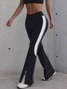 Hidkat Women's Solid Color Patchwork High Waist Elastic Yoga Casual Split Leg Sports Knit Long Pants - Black and White - View 3