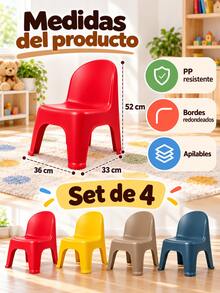 Set Of 4 Stackable PP Plastic Children's Chairs Available In Different Colors With Curved Backrests For Play, Reading, And Crafts; One-Piece Construction With Rounded Edges, Matte Finish, And Wide Legs, Easy To Move, Clean With A Soft Cloth, And Store In Children's Spaces When Not In Use - Multicolor - View 3