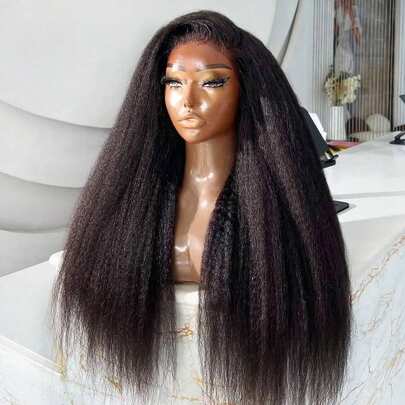 Peluca lisa rizada, cabello humano 13x4, HD, cuello de encaje transparente, con cabello de bebé antes de la depilación, peluca lisa Yaki para la frente para mujeres, densidad 200, cabello humano, sin pegamento, virgen brasileño, 22 pulgadas