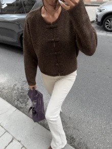 New Chinese Style Frog Button Knit Cardigan Women's Autumn Vintage Round Neck Loose Drop Shoulder Long Sleeve Short Jacket Soft Cozy Sweater Top - Brown - View 6