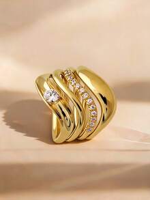4pcs/1pc 18K Gold Plated Multi-Layer Streamlined Ring Set, Women's Ring, French Style, Luxury Gift Jewelry For Women - Gold - View 1
