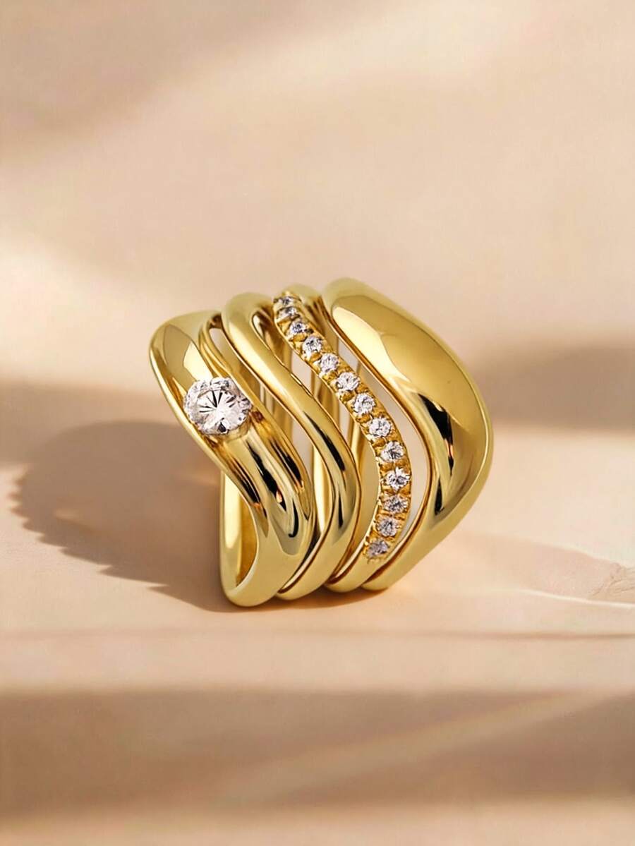 4pcs/1pc 18K Gold Plated Multi-Layer Streamlined Ring Set, Women's Ring, French Style, Luxury Gift Jewelry For Women - Gold - View 1