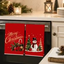 2pcs/Set, White & Red Color Scheme, Christmas Snowman & Puppy Kitchen Towels, Hand Towels, Christmas Towel Set, Christmas Holiday Gift, Absorbent Soft Cleaning Cloth, Tea Towel, Hand Towel, Cooking & Baking Tea Towel, Cleaning Cloth, Dish Cloth, Kitchen Decor, Living Room Decor, Kitchen Essential, Home Essential - Red - View 5