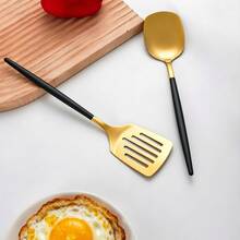 1pc Stainless Steel Frying Spatula/Slotted Turner, Suitable For Frying Chicken Breast, Steak, Stir-Frying, For Home Kitchen, Hotel, Restaurant - Gold + Black - View 3