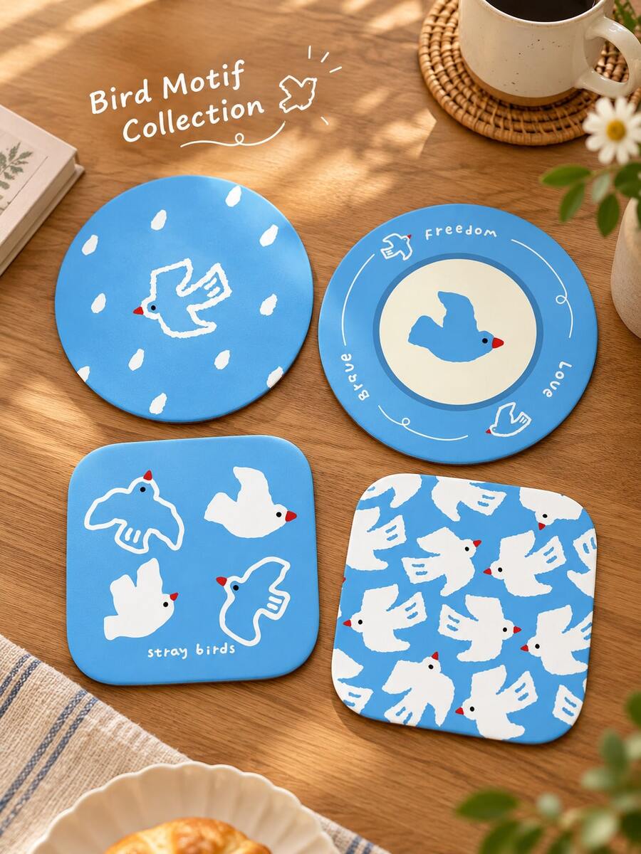 Blue Bird Print Table Mat, 4 Design Options, Round & Rounded Square Dining Placemat, Coffee Cup Coaster For Home Decor, Kitchen Table Decor, Room Decor, Christmas Decor, Thanksgiving Table Setting, Autumn Decor, Housewarming Gift - Multicolor - View 1