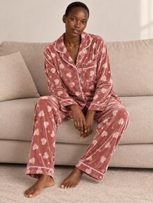 Women's Autumn/Winter Heart & Star Pattern Velvet Trim Front Pocket Long Sleeve Pants Pajama Set Loungewear - Dusty Pink - View 5