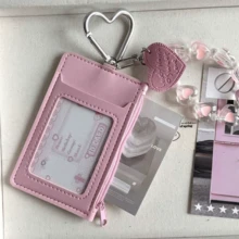 Photo Card Holder Keychain - 1pc PU Leather Wallet Size Photo Card Holder With Detachable Metal Heart And Butterfly Charms, Cute Dual Slot Protective Sleeve, Suitable For Idol Photo Cards, ID Cards And Credit Cards, Perfect For Back To School Gifts - Pink - View 3