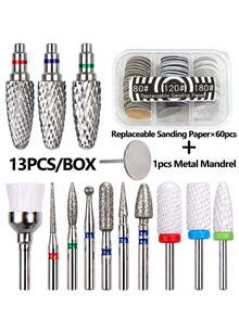 13Pcs Nail Drill Bits Set With 60Pcs Replacement Sandpaper Discs, 25mm Metal Nail Bit, Cuticle Dead Skin Remover For Acrylic Gel Nails, Manicure Pedicure Kit For Salon & DIY Home Use - Multicolor - View 10
