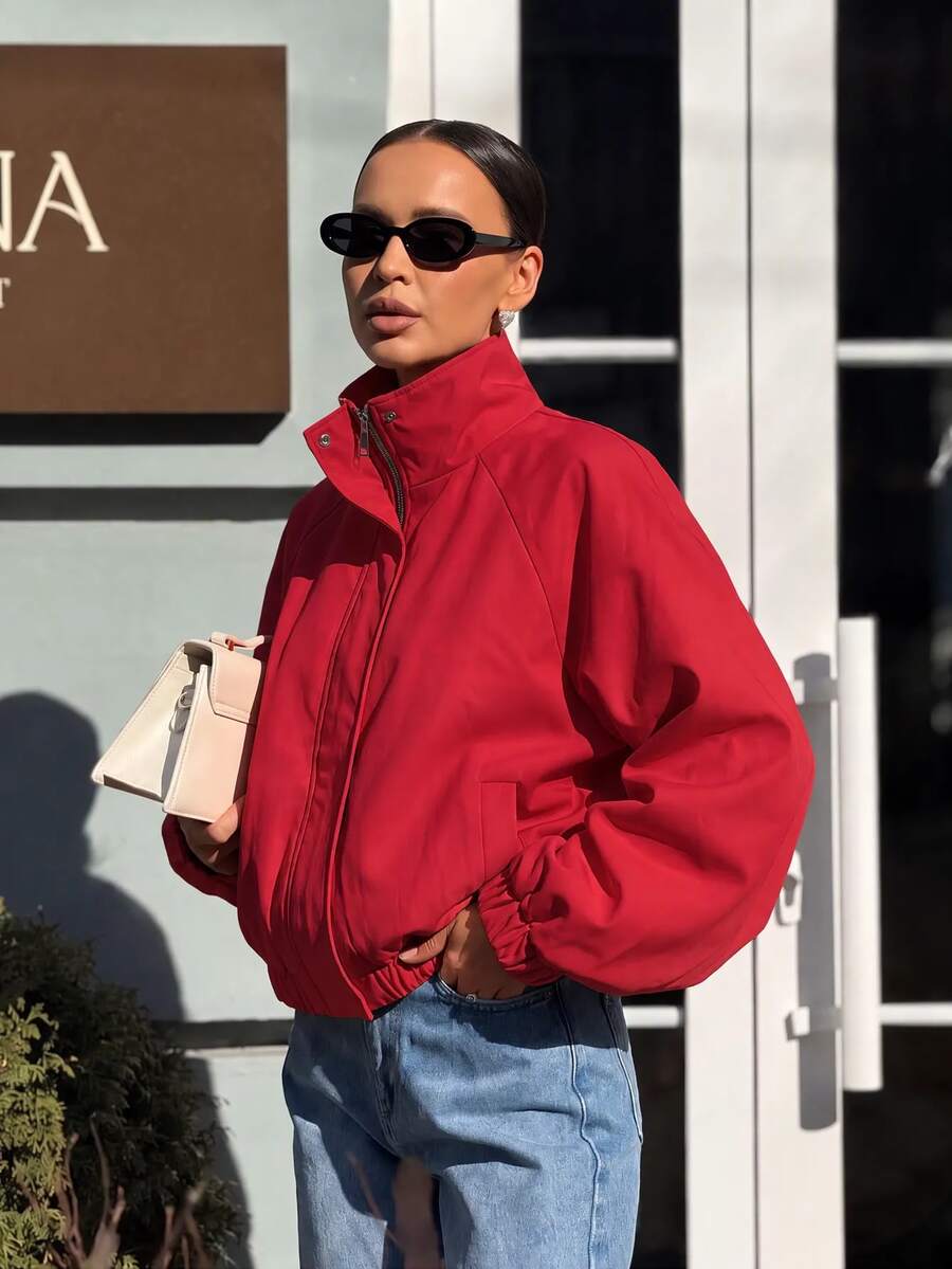 Vibrant Red High Neck Zipper Top, Designed For Women, Casual Style, Long Sleeve, Lightweight Jacket - Red - View 1