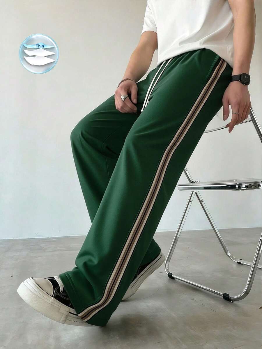 Men's Knitted Long Pants With Contrast Color Design, Casual Sports Straight-Leg Trousers For Daily Wear And Commuting - Green - View 1