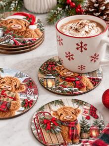 1/4/8pcs Christmas Highland Cow Coasters Set , Wooden Drink Coasters With Cute Cow Santa Design, Rustic Christmas Table Decor, Coffee Cup Mat For Home Kitchen Office, Holiday Party Decoration Gift For Family Friends - Multicolor - View 6