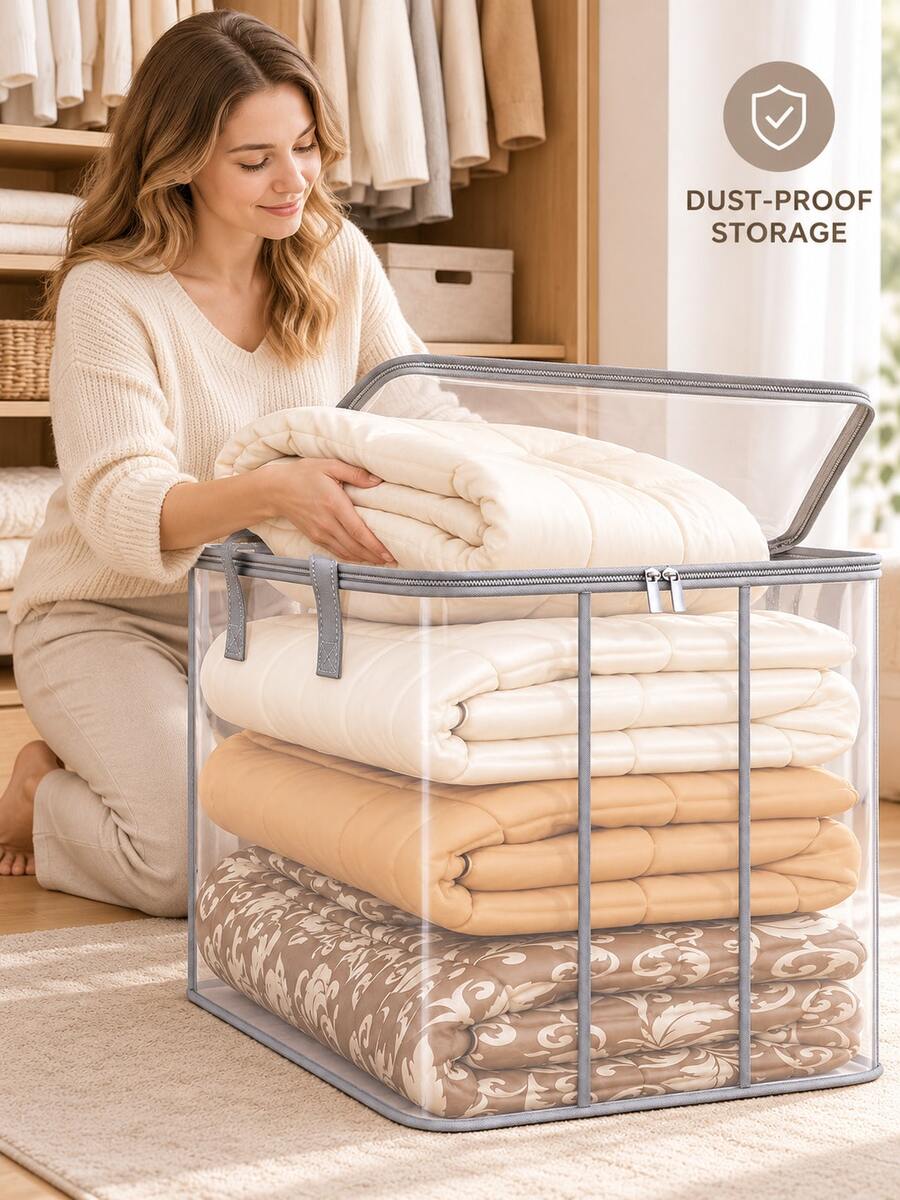 Multi-Size Transparent Foldable Bedding Storage Bag/PVC Storage Box/Clothing Storage With Reinforced Handles And Zipper; Suitable For Under Bed Or Inside Closet, Can Store Clothes, Bedding, Pillows, Miscellaneous Items, Ideal Storage Solution For Dorm, Bedroom And Moving