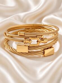 3pcs/1pc 304 Stainless Steel Twisted Cable Open Cuff Bracelet Set, 18K Gold Plated Waterproof Anti-Oxidation Stackable Bracelet, Women's Daily Commute Wrist Gift - Gold - View 9