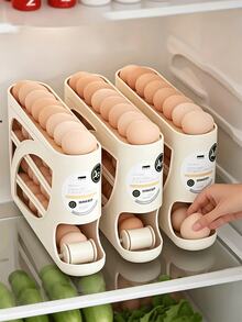 Modern Cream Plastic Egg Storage Rack, Hollow Sloped Multi-Layer Design, Automatic Roll-Out Egg Dispenser, Refrigerator Side-Hanging Egg Storage Box, Household Kitchen Food Storage Container, Space-Saving Egg Rack, Suitable For Daily Kitchen Use - View 9