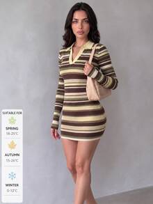 SUNSTORY Women's Elegant Striped Slim Fit Short Sweater Dress, Autumn/Winter, Suitable For Commuting, Dating, Party, Streetwear, Photography, New Year Outfit - Multicolor - View 4