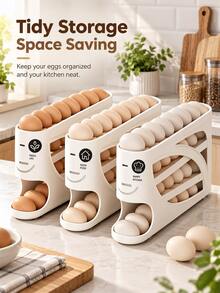 Modern Cream Plastic Egg Storage Rack, Hollow Sloped Multi-Layer Design, Automatic Roll-Out Egg Dispenser, Refrigerator Side-Hanging Egg Storage Box, Household Kitchen Food Storage Container, Space-Saving Egg Rack, Suitable For Daily Kitchen Use - View 3