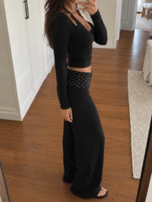 Women Fall Winter 2 Pieces Set, Long Sleeve Top & Polka Dot Wide Leg Pants, High Stretch, Y2K, FWTrends - Black - View 4