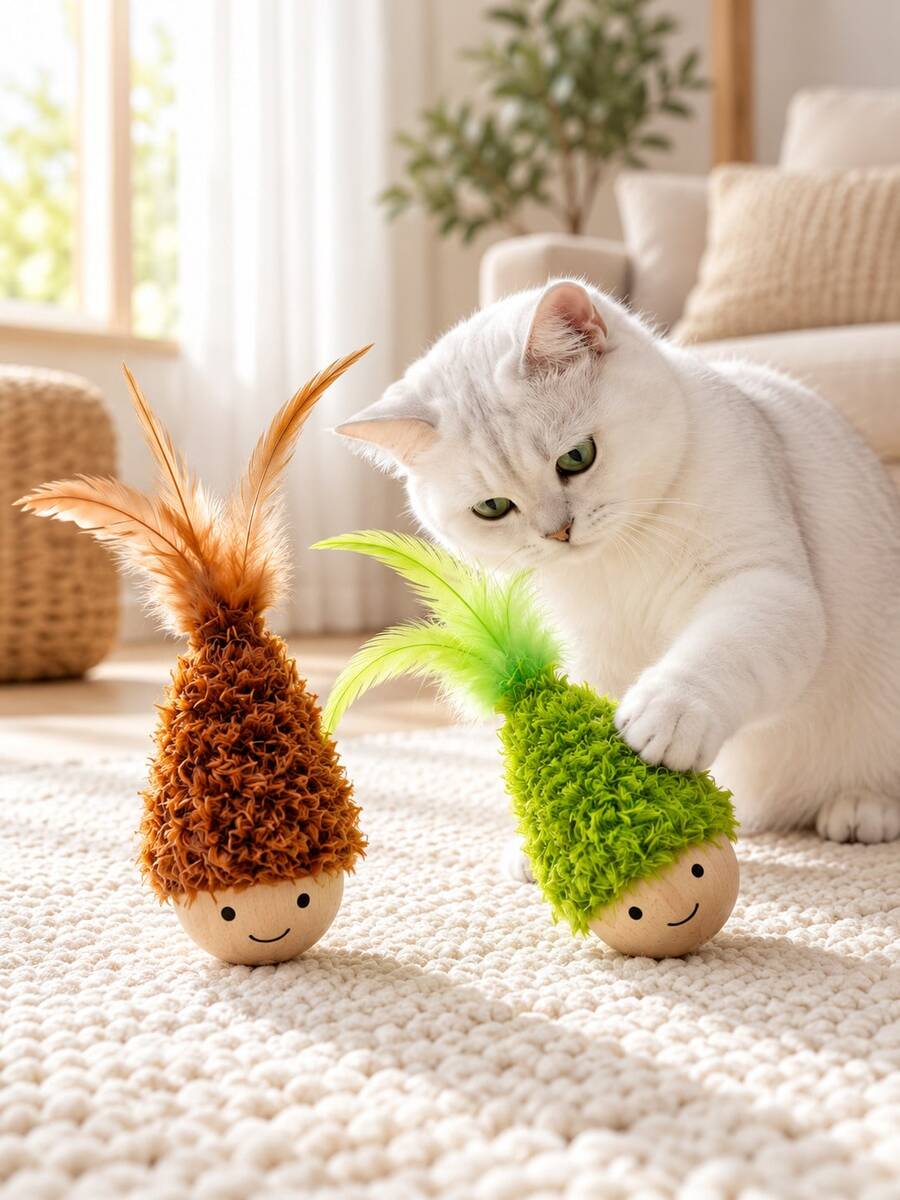 1pc Cat Interactive Wobble Feather Toy, Automatic Self-Righting Swinging Teaser Toy, Indoor Cat Boredom Relief Durable Toy, Cat Chasing Pouncing Hunting Training Exercise Toy, Daily Interactive Pet Supplies For Kittens And Adult Cats - View 1