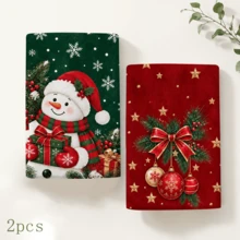 2件組聖誕廚房抹布，雪人蝴蝶結聖誕樹印花毛巾，節日廚房裝飾，冬季家居裝飾，聖誕禮品套裝 - 彩色 - 查看 9