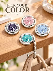 Elegant Round Clock-Pattern Design With Moon And Star Details, Portable Foldable Metal Tabletop Schoolbag Hook For Students, Handbag Hanger And Bag Hanging Accessory For Classroom Desks, Cafes, Offices, Travel And Birthday Gifts, Key Holder. - Multicolor - View 8
