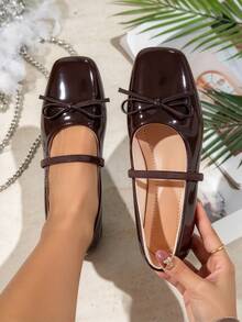 Women's Square Toe Bow Decor Brown Glossy Mary Jane Shoes Elastic Strap Slip-On Ballet Shoes Daily Flat Shoes - Brown - View 2