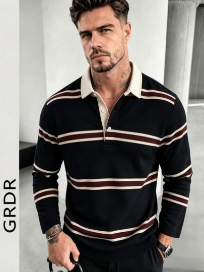 GRDR Men's American College Style Striped Long Sleeve Polo Shirt With Turn-Down Collar And Striped Print