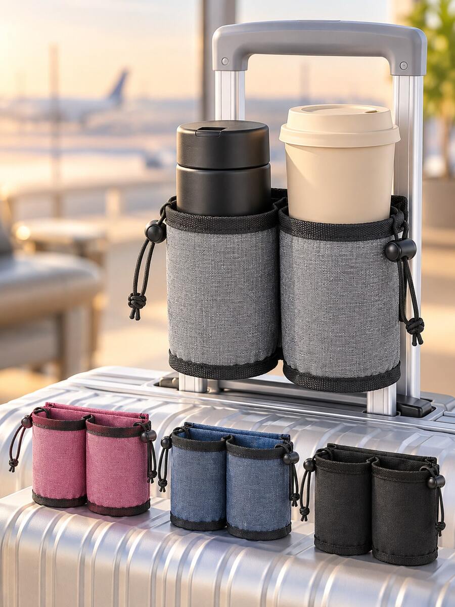 Luggage Handle Cup Holder, Portable Travel Cup Holder Bag With Adjustable Drawstring, Universal Luggage Accessory, Suitable For Travel, Camping Essentials, Vacation Essentials, Beach Trips, Hiking, Graduation And Back To School Trips