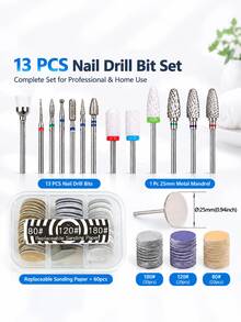 13Pcs Nail Drill Bits Set With 60Pcs Replacement Sandpaper Discs, 25mm Metal Nail Bit, Cuticle Dead Skin Remover For Acrylic Gel Nails, Manicure Pedicure Kit For Salon & DIY Home Use - Multicolor - View 6