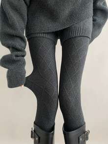 Women's Autumn/Winter Diamond Pattern Knitted Tights, Soft Breathable High Elasticity Knitted Stockings, Fitted Elastic Waist Geometric Pattern Hosiery, Comfortable Textured Tights, Suitable For Daily Commute, Casual Wear In Cold Weather - Multicolor - View 4