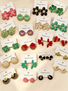 24PCS Stainless Steel Earrings For Women, Geometric Floral Heart Asymmetrical Designs, Fashion Everyday Jewelry, Valentine's Gift, Random Assortment - Multicolor - View 4