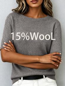 Women's Wool Blend Soft Knit Short Sleeve Top, Loose Fit, 15% Wool Content, Basic Crew Neck Solid Color Half Sleeve Lightweight Knit Sweater, Quiet Luxury Minimalist Commuter Style, Suitable For Office And Business Wear - Grey - View 2