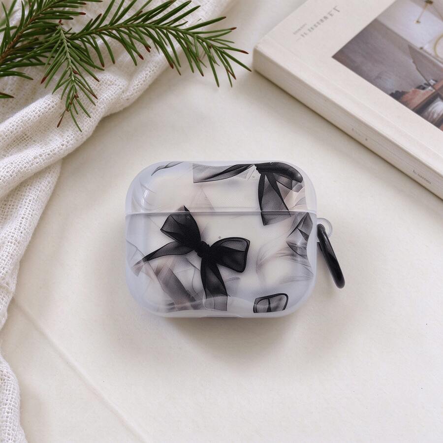 Premium Black Gauze Bow Bluetooth Earphone Protective Case, Cream White Base With Misty Semi-Transparent Black Gauze Bow Print, Flowing Bow Layers With Soft Texture And Atmospheric Vibe, Side Equipped With Dark-Colored Hook For Easy Hanging And Carrying. Rounded Square Shell Body, Lightweight And Soft Material, Fits Bluetooth Earphone Contour, Precise Charging Port Alignment, Unrestricted Earphone Opening And Closing, Easy To Install And Remove. - Clear - View 1