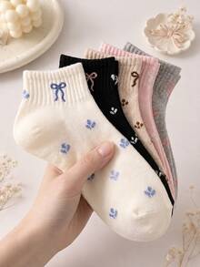 5 Pairs Women's Cute Bow & Floral Short Socks, Ins Fashion College Style, Comfortable Soft, Sweat-Absorbent Breathable, Simple Versatile, Suitable For Daily, Sports, Casual And More, Spring Summer Autumn All-Season Matching - Multicolor - View 2