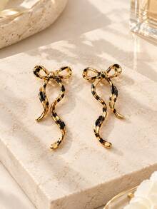 1/3Pairs Gold Leopard Print Earrings Set, Statement Sunburst Studs Bow Drop Dangle & Black Enamel Hoop Earrings, Elegant Jewelry Gift For Women - Multicolor - View 5