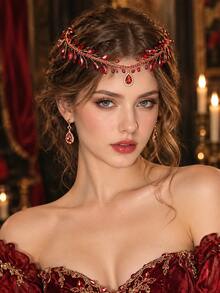 1pc Ruby Red Crystal & Rhinestone Pendant Headband Gold Wire Princess Tiara Crown Bridal Wedding Party Hair Accessories - Red - View 1