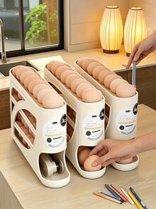 Modern Cream Plastic Egg Storage Rack, Hollow Sloped Multi-Layer Design, Automatic Roll-Out Egg Dispenser, Refrigerator Side-Hanging Egg Storage Box, Household Kitchen Food Storage Container, Space-Saving Egg Rack, Suitable For Daily Kitchen Use - View 7