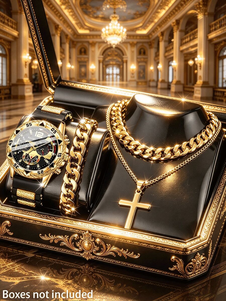 Cool Accessories All-Gold Multifunction Watch + Jewelry + Wallet Set, High-End Business Casual Versatile Gift For Boyfriend, Brother, Father, Birthday, Anniversary, Heartfelt Gift, Packaging Box Not Included - Gold - View 1