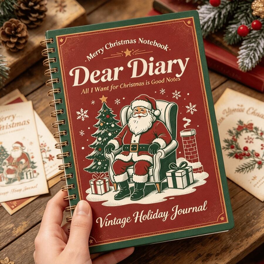 1PC Vintage Christmas Santa Pattern Spiral Notebook,Retro Holiday Journal Diary Notebook,Christmas Gift For Students,Women Girls Friends Family,Xmas Holiday Present For Note Taking Journaling Writing,Festive Decor School Office Stationery Gift - A5 - View 1