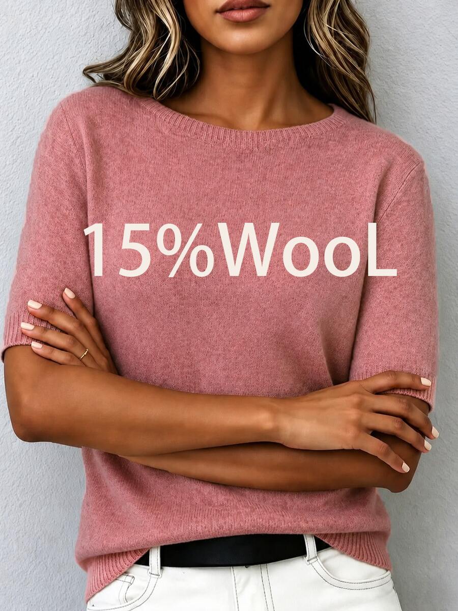 Women's Wool Blend Soft Knit Short Sleeve Top, Loose Fit, 15% Wool Content, Basic Crew Neck Solid Color Half Sleeve Knit Sweater, Lightweight Luxury Minimalist Commuter Inner Layer, Quiet Luxury Style, Suitable For Office And Business Use