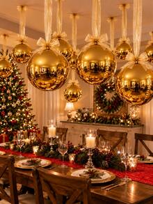 12Pcs Oversized Gold Christmas Ball Decorations, Metallic Hanging Ornament Set With Long Ribbon & Glue Dots, Giant Ceiling Baubles For Xmas Party, Wedding, Home & Holiday Decor - Set a - View 4